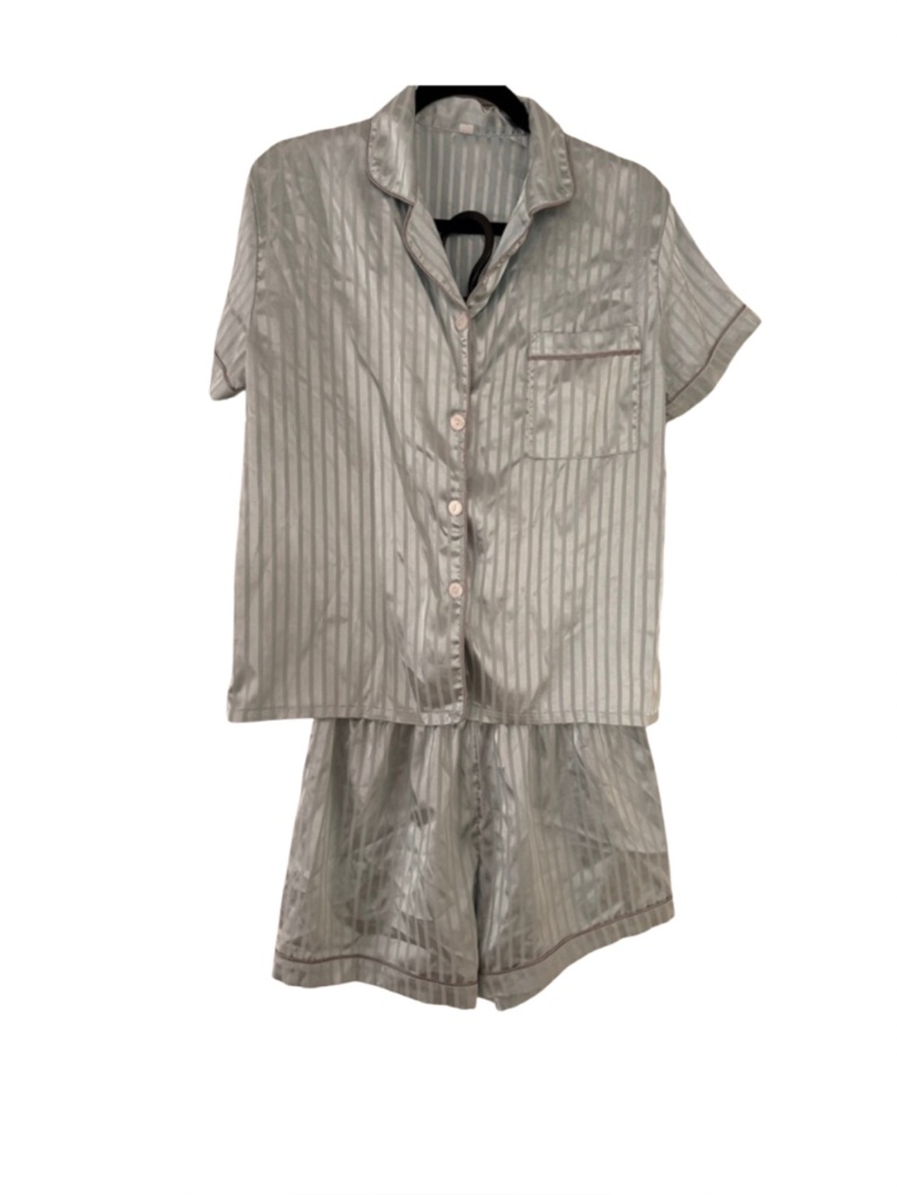 Women’s Satin Pajama Set – Size M, Silver Blue Striped Button Top & Shorts